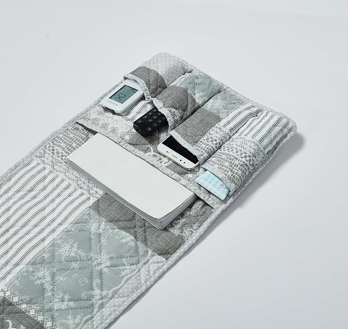 Brilliant Sunshine Grey Toile Floral Patchwork Couch Armrest Organizer, Non Slip Armchair Caddy for Sofa Recliner, Washable Remote Control Holder, Storage for Magazine, Phone, iPad (35"×13")