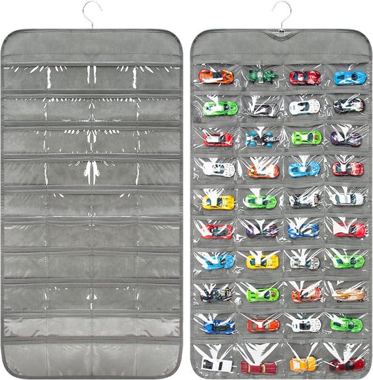 Hanging Organizers for Toy Car Double Sided 80 Pockets Display Case for Toy Cars (Without Toy Cars) (80 Slots Gray)