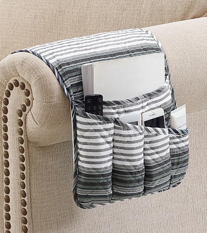 Brilliant Sunshine Multi Grey Stripes Patchwork Couch Armrest Organizer, Non Slip Armchair Caddy for Sofa Recliner, Washable Remote Control Holder, Storage for Magazine, Phone, iPad (35"×13")