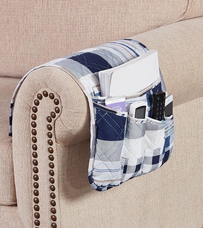 Brilliant Sunshine Blue Plaids and Stripes Patchwork Couch Armrest Organizer, Non Slip Armchair Caddy for Sofa Recliner, Washable Remote Control Holder, Storage for Magazine, Phone, iPad (35"×13")