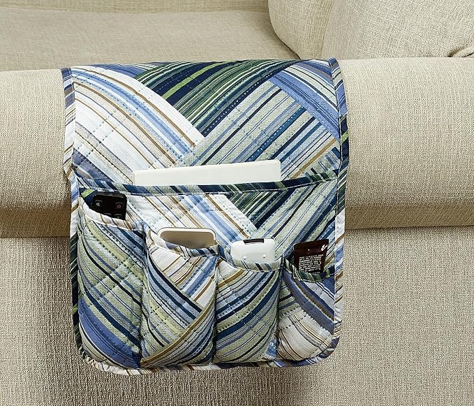 Brilliant Sunshine Teal Herringbone Patchwork Couch Armrest Organizer, Non Slip Armchair Caddy for Sofa Recliner, Washable Remote Control Holder, Storage for Magazine, Phone, iPad (35"×13")