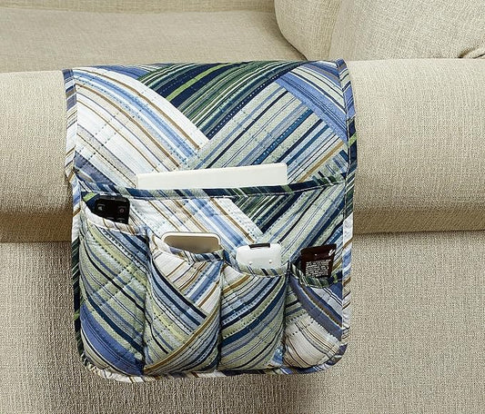 Brilliant Sunshine Teal Herringbone Patchwork Couch Armrest Organizer, Non Slip Armchair Caddy for Sofa Recliner, Washable Remote Control Holder, Storage for Magazine, Phone, iPad (35"×13")