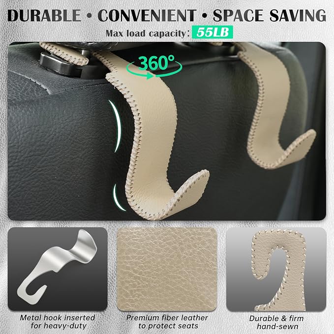 Amooca Car Seat Headrest Hook Universal Vehicle Storage Hanger Leather with Metal Car Seat Back Organizer for Handbag Purse Coat Beige 2 Pack
