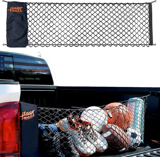 TacoNets Envelope Cargo Net for Toyota Tacoma - Fits 2005-Current - Patented Bed Rail Integration - Upgraded 5mm Bungee - Integrated Storage Bag - Heavy Duty Carabiners - Designed in USA