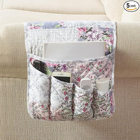 Brilliant Sunshine Blue Pink Rose Toile Patchwork Couch Armrest Organizer, Non Slip Armchair Caddy for Sofa Recliner, Washable Remote Control Holder, Storage for Magazine, Phone, iPad (35"×13")