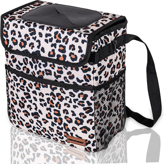 SIBOFUEGO Cute Car Trash Can with Lid – Multipurpose Collapsible Trash Bin for Car, Leak-Proof Organizer, Waterproof Garbage Can with Storage Pockets & Adjustable Straps, 2 Gallons (Leopard Print)