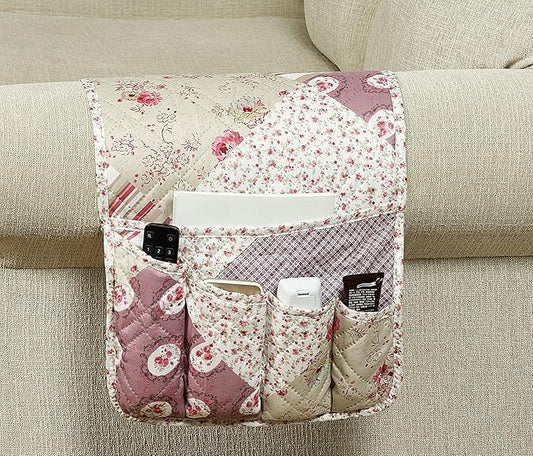 Brilliant Sunshine Pink Rosette and Stripes Patchwork Couch Armrest Organizer, Non Slip Armchair Caddy for Sofa Recliner, Washable Remote Control Holder, Storage for Magazine, Phone, iPad (35"×13")