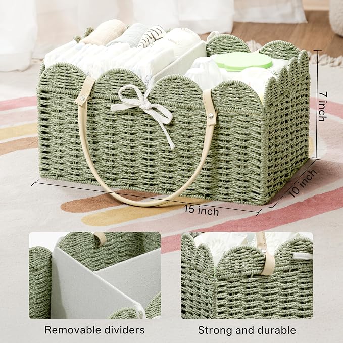 Angelhood Scalloped Paper Rope Diaper Caddy, Woven Floral Baby Diaper Organizer with Dividers for Changing Table, Nursery & Car Portable Baby Gift Basket