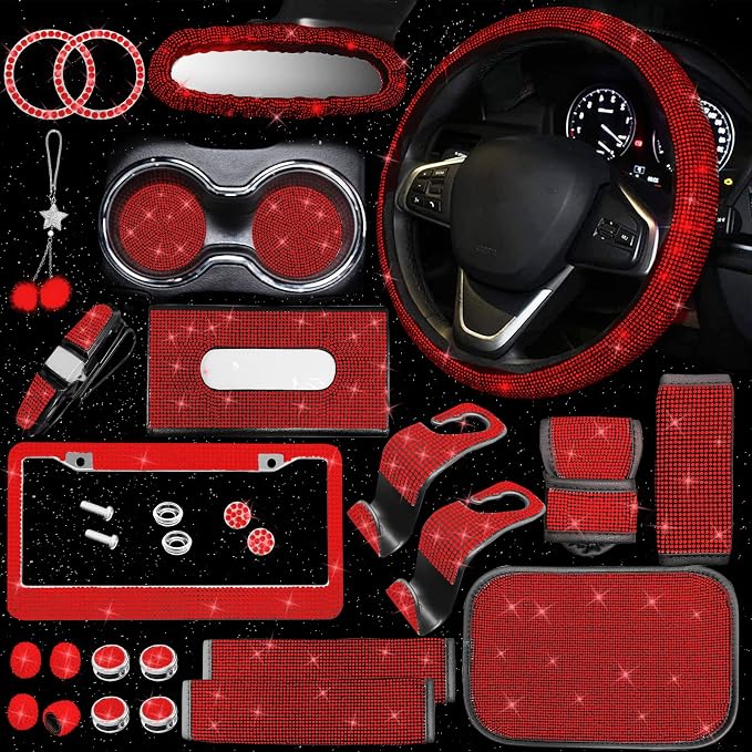 25PCS Bling Car Car Accessories Set,15 Inch Steering Wheel Cover,Shiny License Plate Frame,Center Console Cover and Rearview Mirror Set and Other Car Accessories(Red)