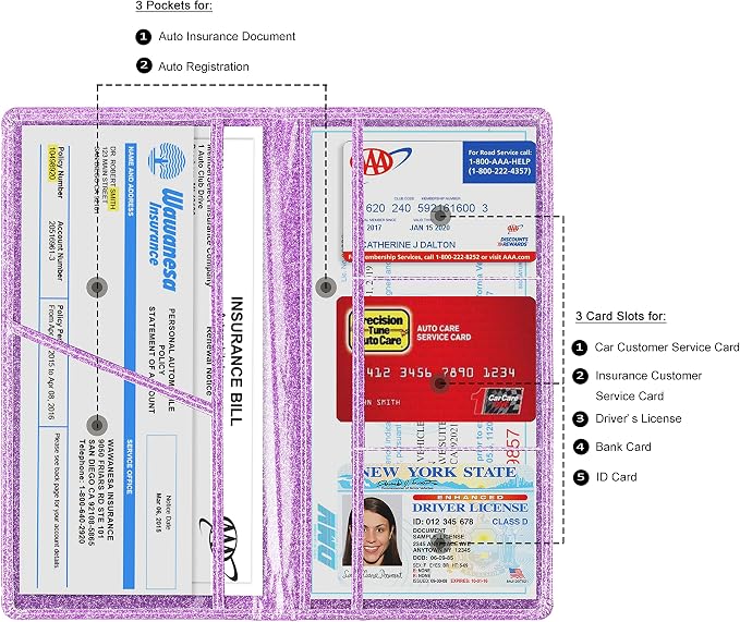 TOURSUIT Car Registration and Insurance Card Holder, Vehicle License Document Glove Box Compartment Organizer, Interior Car Accessories for Women Men (Glitter Purple)