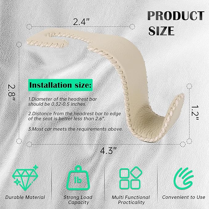 Amooca Car Seat Headrest Hook Universal Vehicle Storage Hanger Leather with Metal Car Seat Back Organizer for Handbag Purse Coat Beige 4 Pack