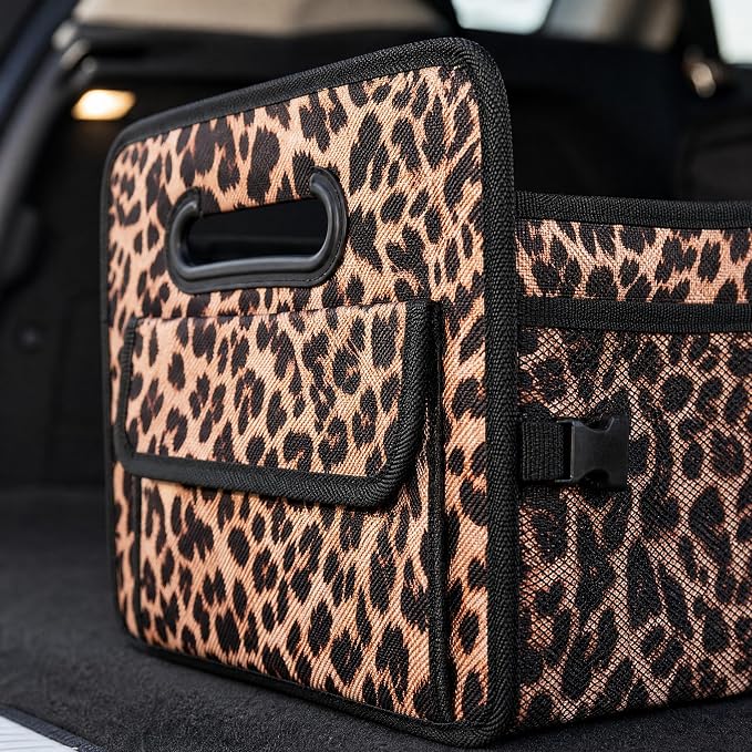 Car Trunk Organizer for SUV & Car, Foldable Waterproof Basket with Front & Side Pockets, Leopard Print Car Accessories for Women, Durable Oxford Cloth Backseat & Truck Bed Organizer