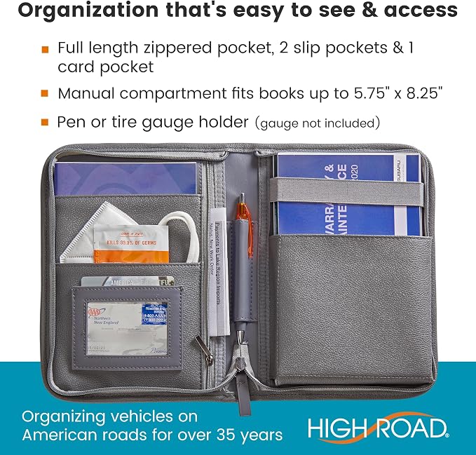 High Road Car Owners Manual Case and Glove Compartment Document Holder - Pebbled Faux Leather Glove Box Organizer for Car, SUV, Truck (Gray)