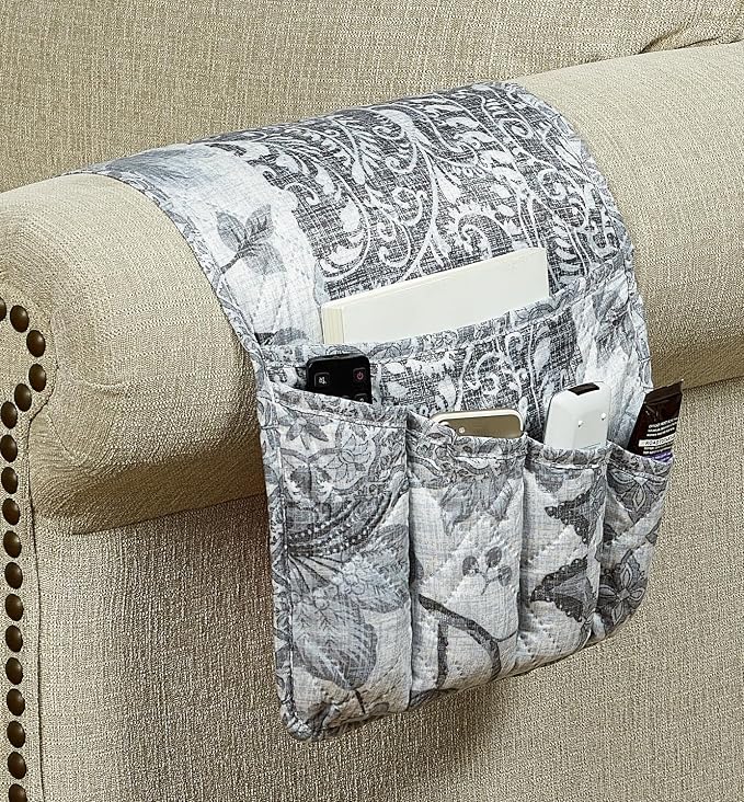 Brilliant Sunshine Multi Grey Flowers Patchwork Couch Armrest Organizer, Non Slip Armchair Caddy for Sofa Recliner, Washable Remote Control Holder, Storage for Magazine, Phone, iPad (35"×13")