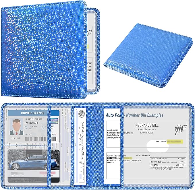 DMLuna Car Registration and Insurance Holder, Folio Leather Vehicle Card Document Glove Box Organizer, Driver License Cards, Royal Blue Glitter