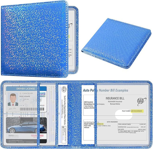 DMLuna Car Registration and Insurance Holder, Folio Leather Vehicle Card Document Glove Box Organizer, Driver License Cards, Royal Blue Glitter