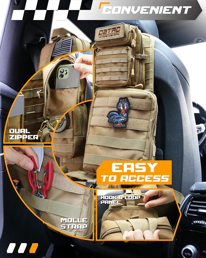 DBTAC Tactical Molle Car Seat Organizer | Vehicle Back Panel with 5X Detachable Pouches, US Flag & Writable Reflective Patch for Cars, Trucks, SUVs, Sedans