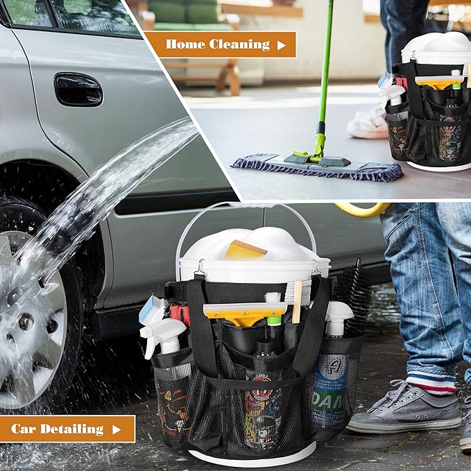 HODRANT 5 Gallon Bucket Organizer with Anti-fall Hooks & Buckle, Car Wash Bucket Caddy with Mesh Pockets, 5 Gallon Cleaning Tools Bag for Home, Auto, Garden & Fishing