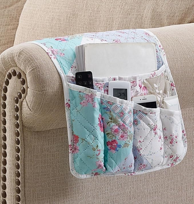 Brilliant Sunshine Blue and Green Roses Patchwork Couch Armrest Organizer, Non Slip Armchair Caddy for Sofa Recliner, Washable Remote Control Holder, Storage for Magazine, Phone, iPad (35"×13")
