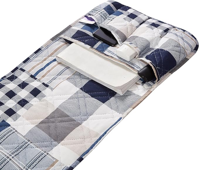 Brilliant Sunshine Blue Plaids and Stripes Patchwork Couch Armrest Organizer, Non Slip Armchair Caddy for Sofa Recliner, Washable Remote Control Holder, Storage for Magazine, Phone, iPad (35"×13")