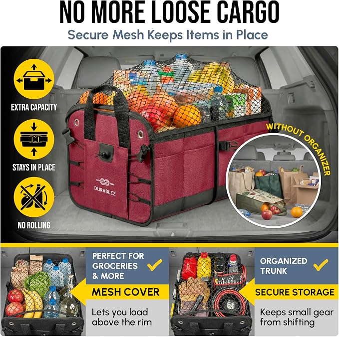 5-Section Trunk Organizer for SUV, Truck, Sedan, Van – Modular Extra Large Cargo Storage Bin, Detachable Car Trunk Organizer with Dividers, Collapsible Auto Organization System – Cherry Red