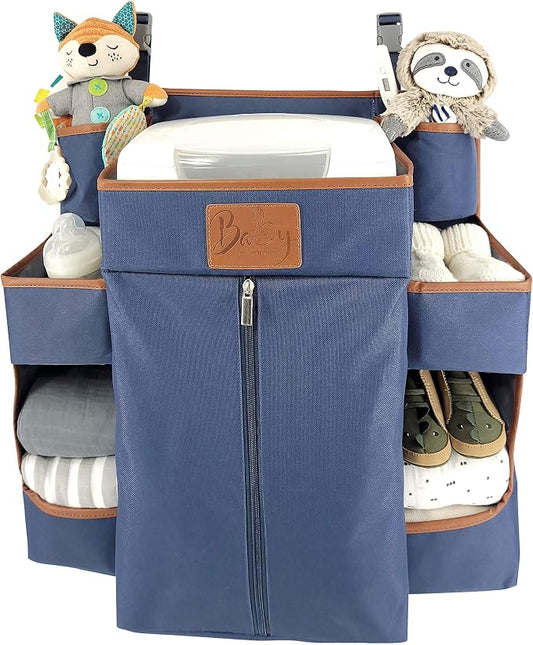 Baby Diaper Caddy & Nursery Organizer – Hanging Diaper Organizer for Crib, Changing Table, or Playard - Baby Storage for Diapers, Wipes & Essentials (Navy)