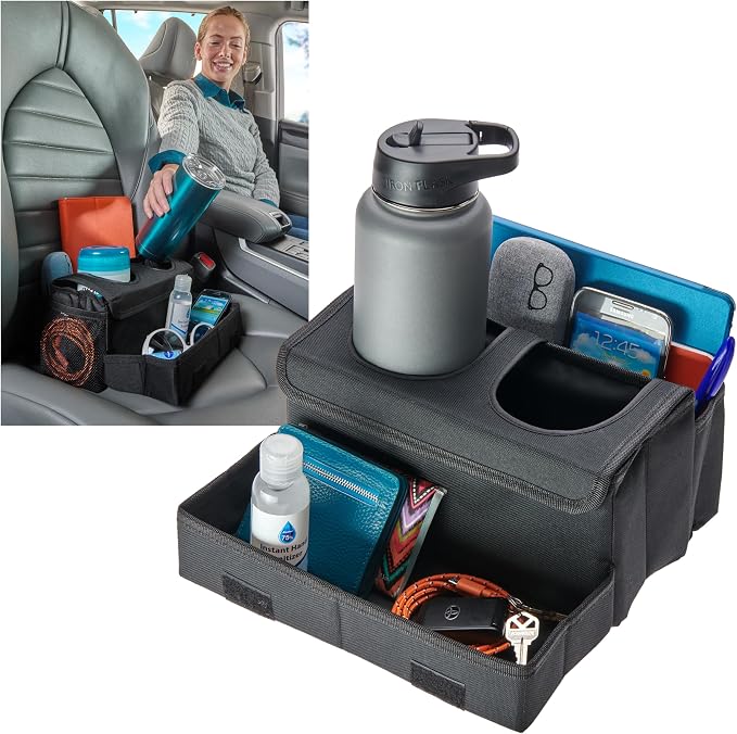 High Road CarHop Jr - Car Organizer with Cup Holders and Storage or Eating Tray for Car - Front Seat Organizer for Drivers and Back Seat Organizer for Kids and Adults