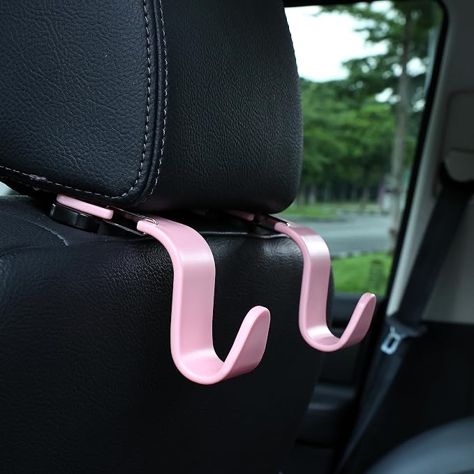 4-Pack 360° Rotating Universal Car Headrest Hooks, Car Organizer Hanger Storage Hooks for Bag Purse Cloth Grocery Universal Fit with Clip Pink