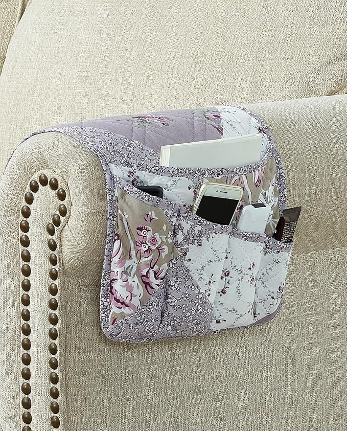 Brilliant Sunshine Lilac and Beige Roses Patchwork Couch Armrest Organizer, Non Slip Armchair Caddy for Sofa Recliner, Washable Remote Control Holder, Storage for Magazine, Phone, iPad (35"×13")