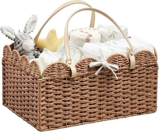Angelhood Scalloped Paper Rope Diaper Caddy, Woven Floral Baby Diaper Organizer with Dividers for Changing Table, Nursery & Car Portable Baby Gift Basket