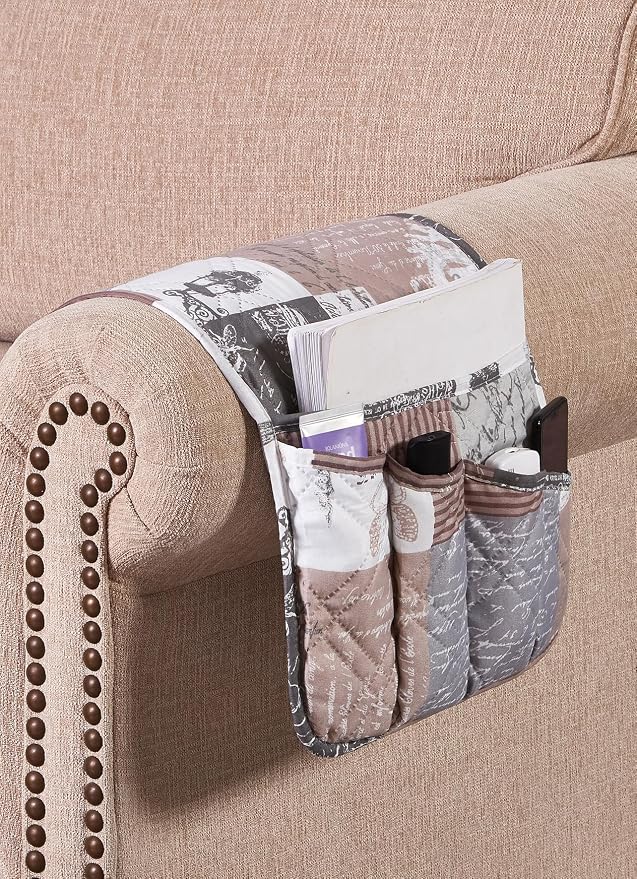 Brilliant Sunshine Latte Grey Paris and Toile Patchwork Couch Armrest Organizer, Non Slip Armchair Caddy for Sofa Recliner, Washable Remote Control Holder, Storage for Magazine, Phone, iPad(35"×13")