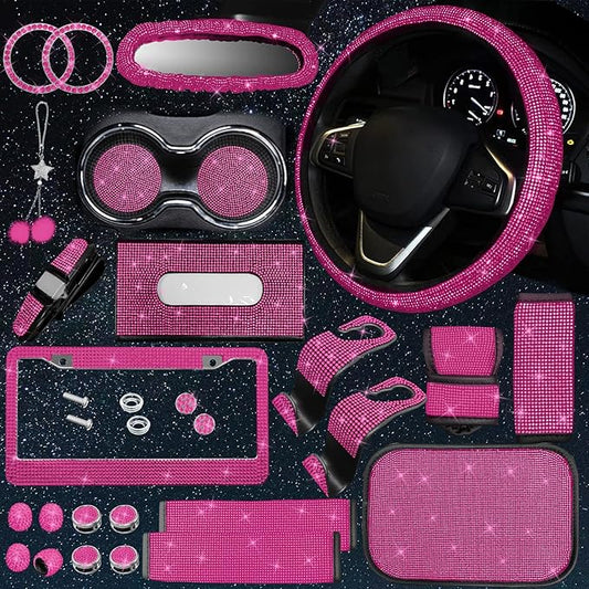 25PCS Bling Car Accessories Set,15 Inch Steering Wheel Cover,Shiny License Plate Frame,Center Console Cover and Rearview Mirror Set and Other Car Accessories(Rose Pink)
