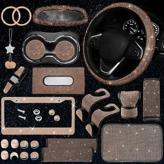 25PCS Bling Car Car Accessories Set,15 Inch Steering Wheel Cover,Shiny License Plate Frame,Center Console Cover and Rearview Mirror Set and Other Car Accessories(Champ)