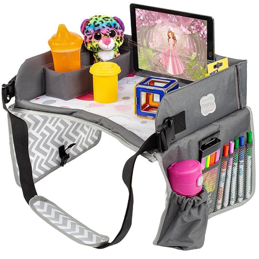 Kenley Kids Travel Tray, Toddler Car Seat Lap Tray, Road Trip Essentials Activity Table (Pink/Gray)