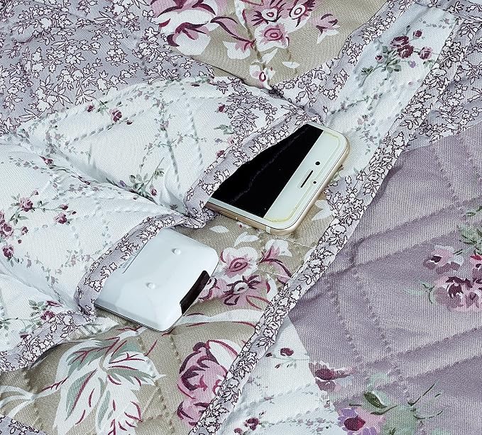 Brilliant Sunshine Lilac and Beige Roses Patchwork Couch Armrest Organizer, Non Slip Armchair Caddy for Sofa Recliner, Washable Remote Control Holder, Storage for Magazine, Phone, iPad (35"×13")