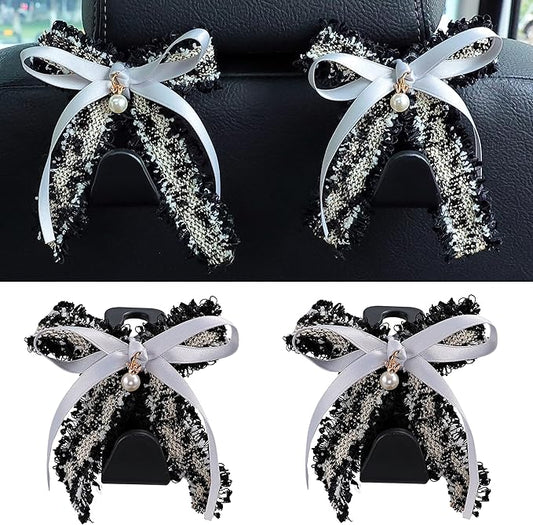 Amooca Car Seat Headrest Hook Cute Bowknot Vehicle Hanger Car Storage Organizer for Handbag Purse Coat Grocery Bag Black Grey