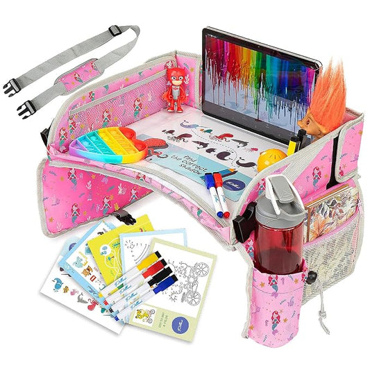 PILLANI Kids Travel Tray for Car - Toddler Car Activities, Car Seat Tray with Activity Sheets & Pens, Road Trip Essentials for Car & Airplane, Travel Lap Desk Accessories - Road Trip Activities Toys