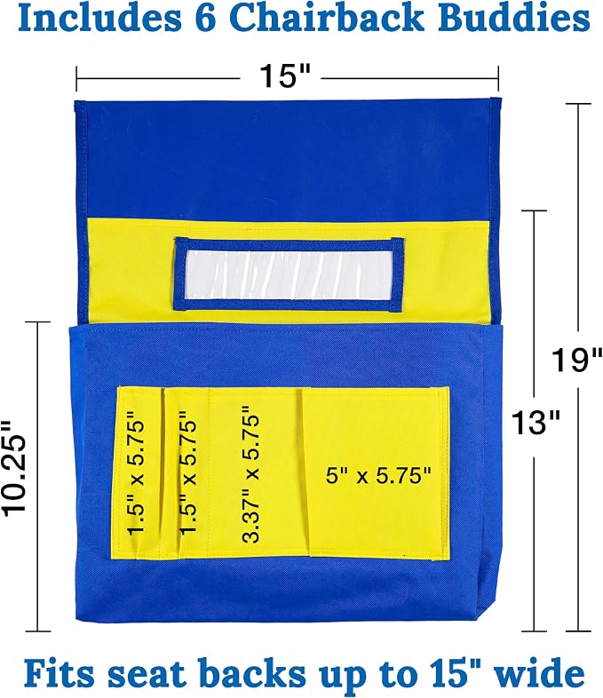 Carson Dellosa 6-Pack Yellow & Blue Chairback Buddy Pocket Chart Set, 15" x 19" Back of Chair School Supplies Pocket Organizer with Name Tag and 6 Chair Pockets for Classrooms, Classroom Organization