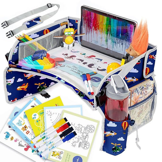 PILLANI Kids Travel Tray for Car - Toddler Airplane Travel Essentials w/ Activity Sheets, Pens & Dry Erase Board - Kids Travel - Must Have Toddler Lap Desk Organizer for Airplane - Travel Accessories