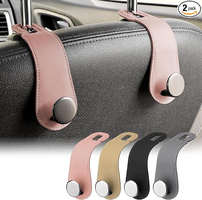 JESTOP Leather Car Seat Storage Hanger, 2 Pack Stylish Hooks for Purses Bags, Coats Umbrellas, Pink