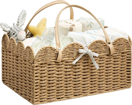 Angelhood Scalloped Paper Rope Diaper Caddy, Woven Floral Baby Diaper Organizer with Dividers for Changing Table, Nursery & Car Portable Baby Gift Basket