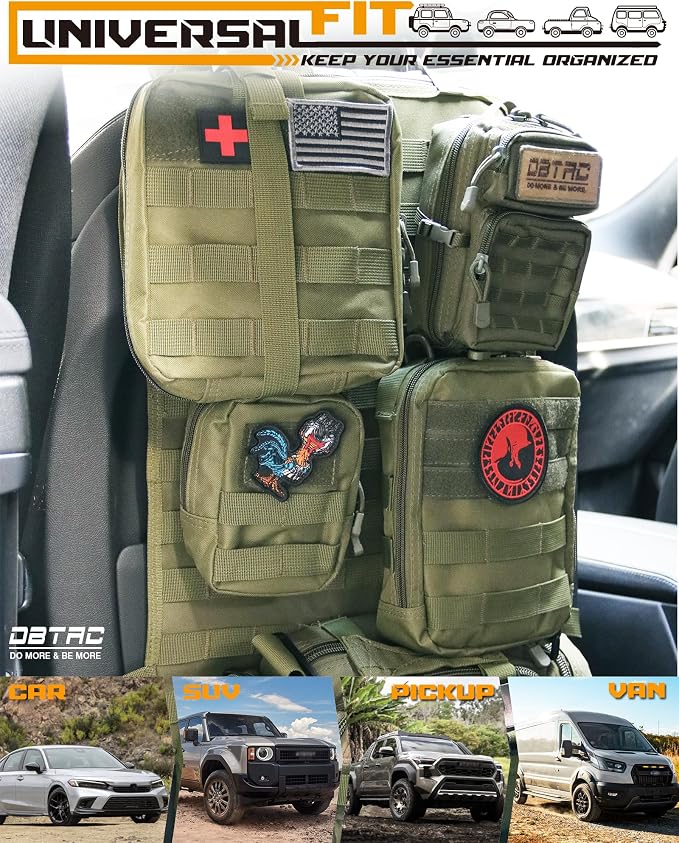 DBTAC Tactical Molle Car Seat Organizer | Vehicle Back Panel with 5X Detachable Pouches, US Flag & Writable Reflective Patch for Cars, Trucks, SUVs, Sedans