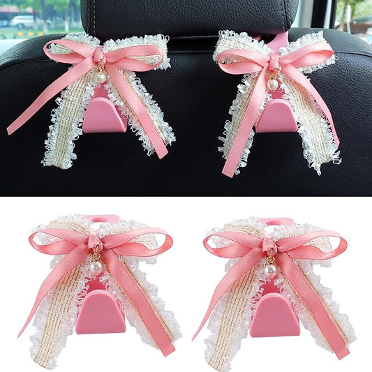 Amooca Car Seat Headrest Hook Cute Bowknot Vehicle Hanger Car Storage Organizer for Handbag Purse Coat Grocery Bag Pink White