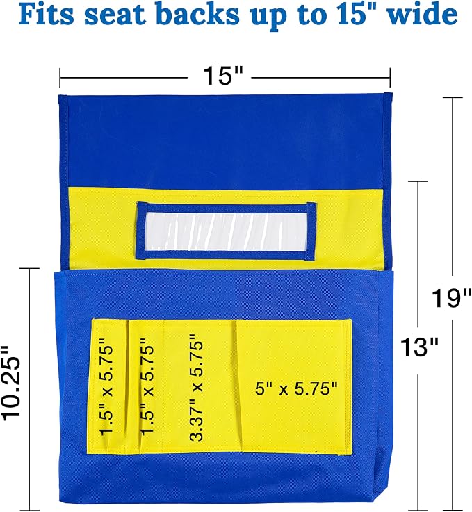 Carson Dellosa 15" x 19" Canvas Blue and Yellow Chairback Buddy Pocket Chart, Seat Storage for Classroom K-2, Classroom Chair Seat Storage with Pockets with 6 Chair Pockets and Student Name Tag