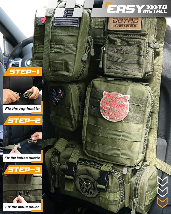 DBTAC Tactical Molle Car Seat Organizer | Vehicle Back Panel with 5X Detachable Pouches, US Flag & Writable Reflective Patch for Cars, Trucks, SUVs, Sedans