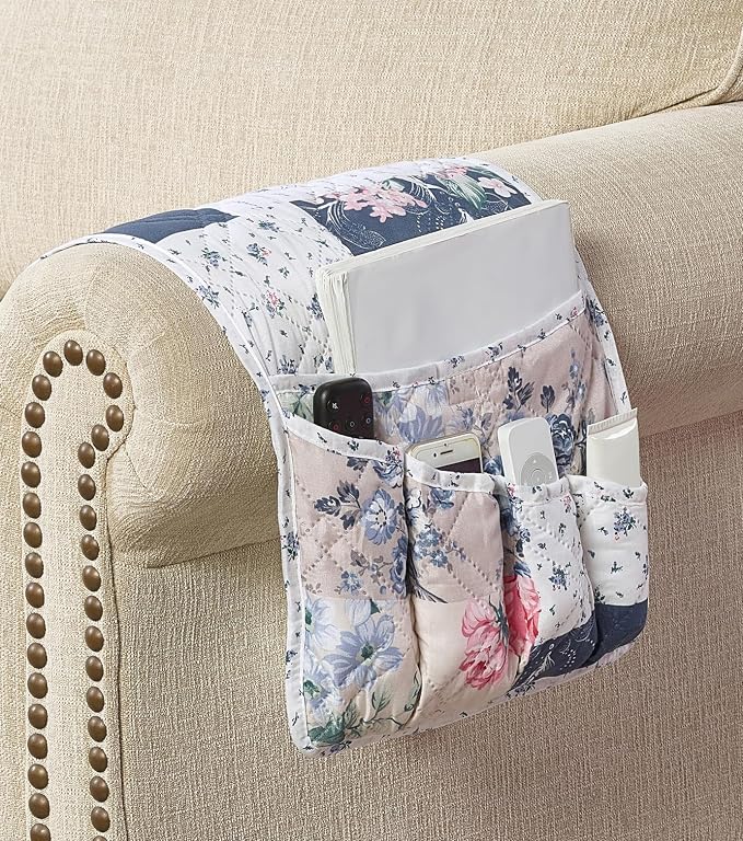 Brilliant Sunshine Vintage Indigo Roses Patchwork Couch Armrest Organizer, Non Slip Armchair Caddy for Sofa Recliner, Washable Remote Control Holder, Storage for Magazine, Phone, iPad (35"×13")