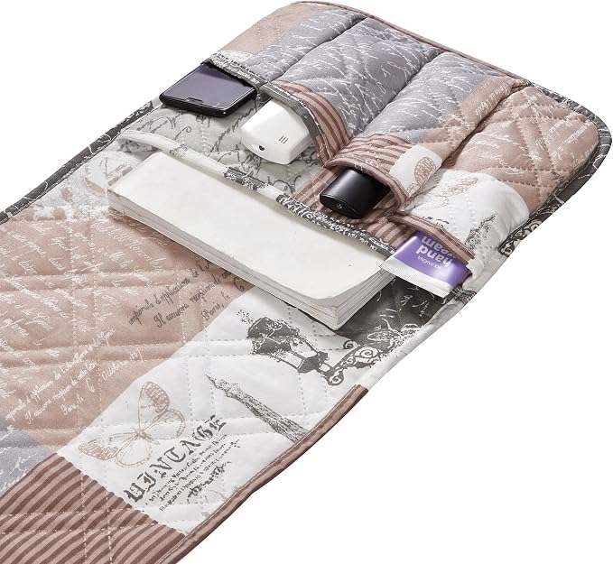 Brilliant Sunshine Latte Grey Paris and Toile Patchwork Couch Armrest Organizer, Non Slip Armchair Caddy for Sofa Recliner, Washable Remote Control Holder, Storage for Magazine, Phone, iPad(35"×13")