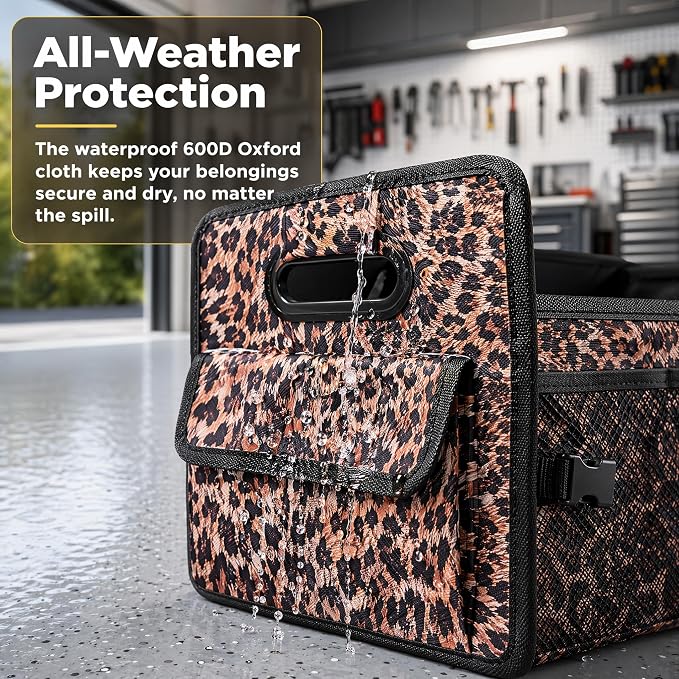 Car Trunk Organizer for SUV & Car, Foldable Waterproof Basket with Front & Side Pockets, Leopard Print Car Accessories for Women, Durable Oxford Cloth Backseat & Truck Bed Organizer