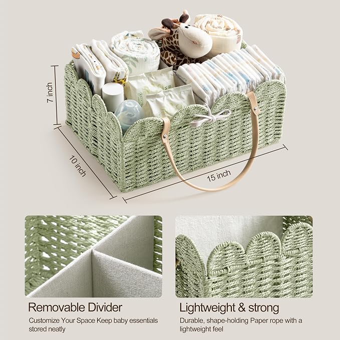 HBlife Large Baby Diaper Caddy, Paper Rope Scalloped Storage Baskets Nursery Bin with Removable Divider, Portable Car Organizer for Diapers, Baby Shower Gifts, Newborn Essentials Must Haves, Green