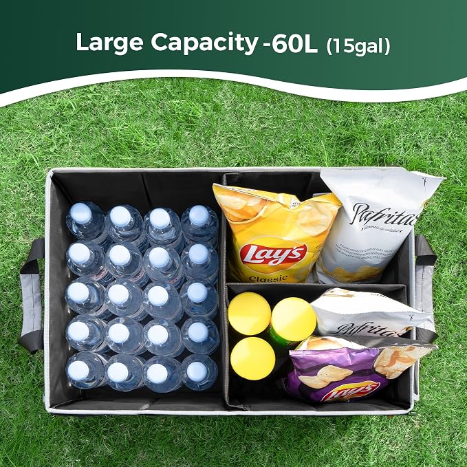 WELKIN 15GAL/60L Car Trunk Organizer with Lid & Dividers - Heavy Duty Collapsible Storage Organizer for SUV Sedan Truck - Waterproof Foldable Cargo Organizer for Groceries, Camping, Travel Accessories